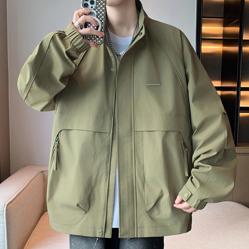 春秋季立领外套男款帅气休闲防风工装夹克青年百搭时尚卡其色外套