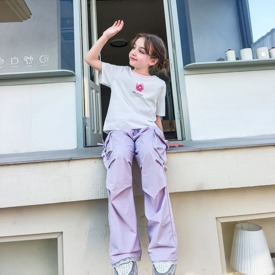 MQD童装女童25夏装宽松透气时尚大口袋阔腿伞兵裤长裤BD25221503