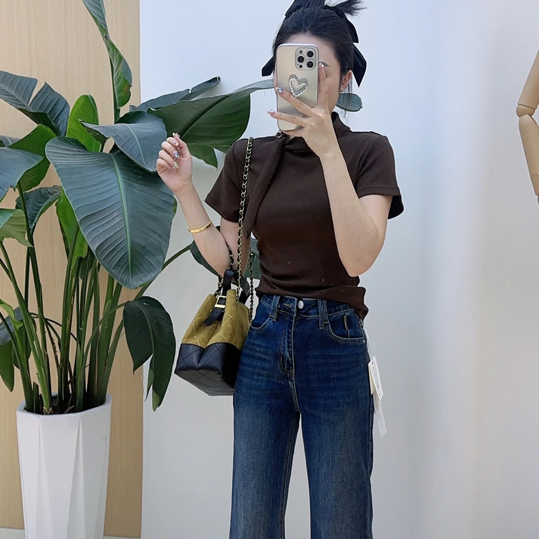 【海南简爱】圆领极简风绑带短袖T恤上衣7099