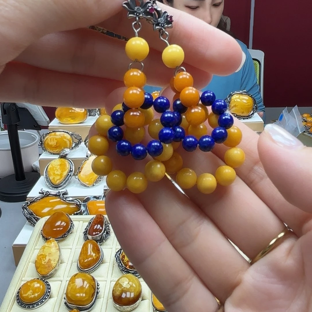 银S925镶嵌蜜蜡耳饰57耳坠