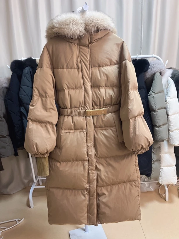 拉链常规款连帽羽绒服女款中长款加厚女士秋冬鹅绒服收腰保暖