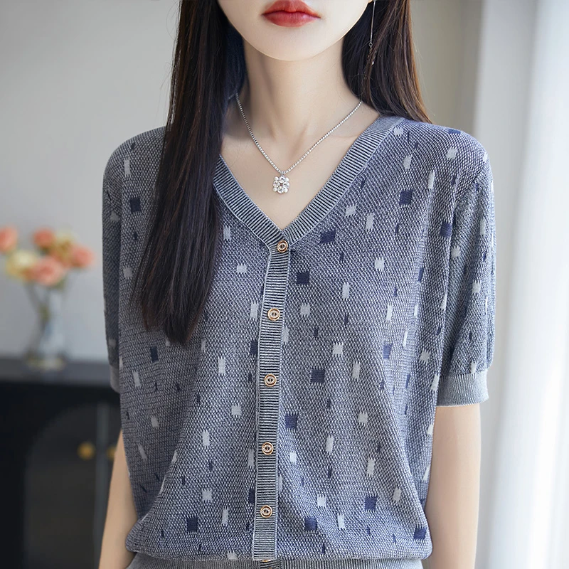 哥弟阿玛施正品针织短袖t恤女2025新款夏装洋气遮肚宽松上衣薄