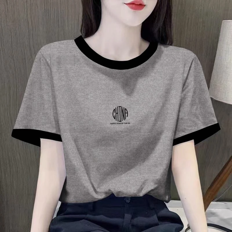 2025夏季新款撞色灰色纯棉短袖T恤女士印花宽松显瘦圆领体恤上衣