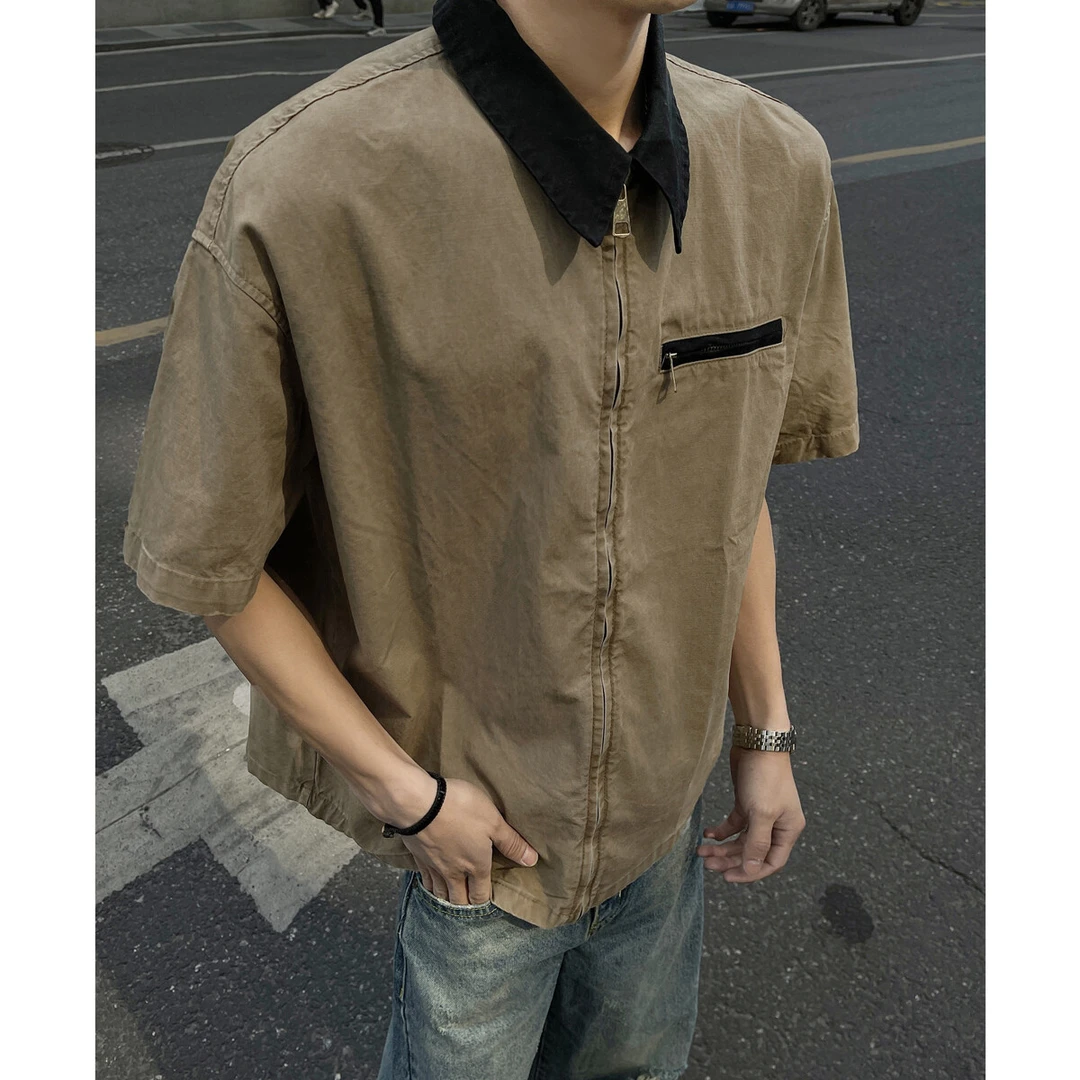 美式水洗拉链短袖衬衫男夏季cleanfit潮牌高级感痞帅半袖衬衣外套