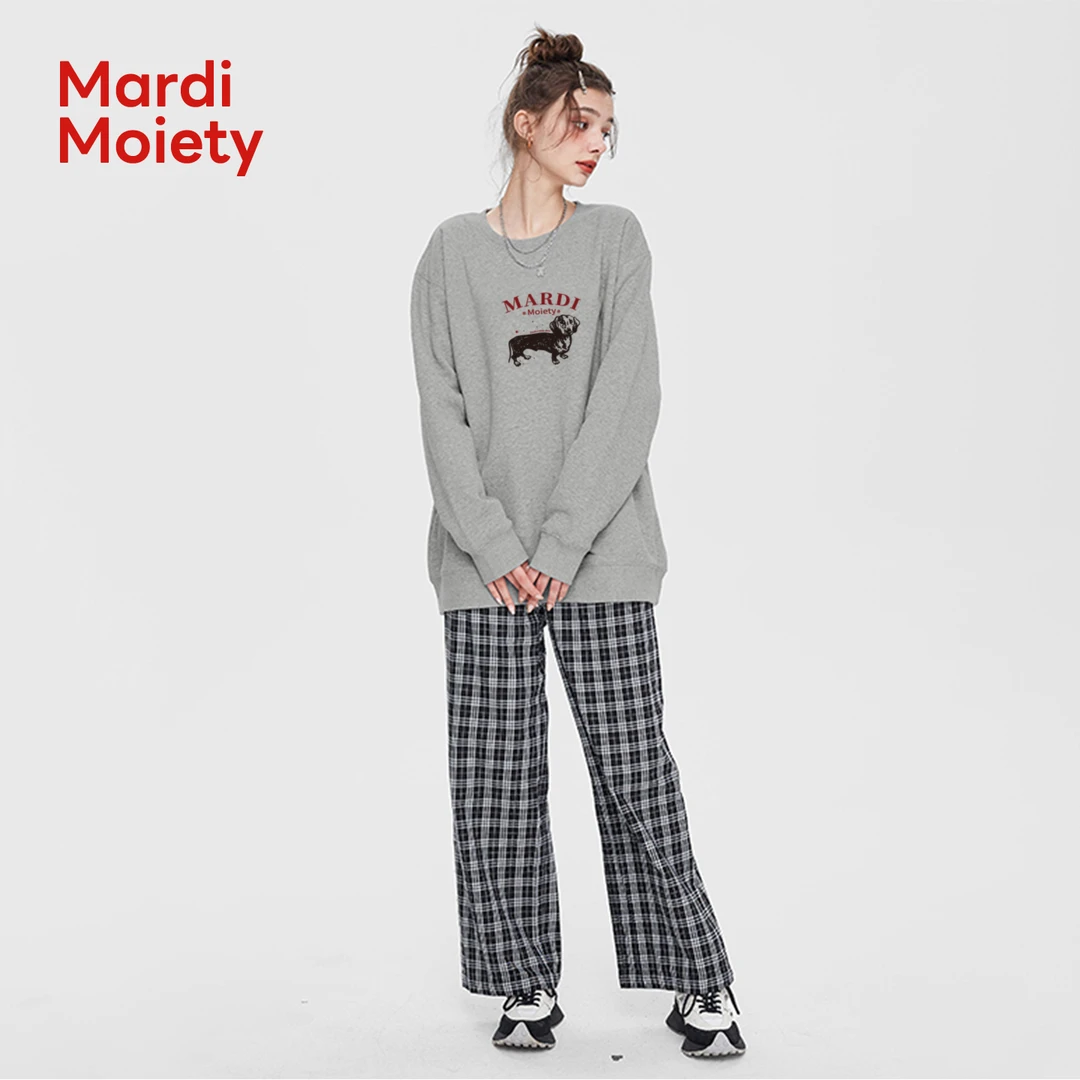 Mardi Moiety官方腊肠狗灰色圆领套头卫衣女秋季宽松慵懒风上衣