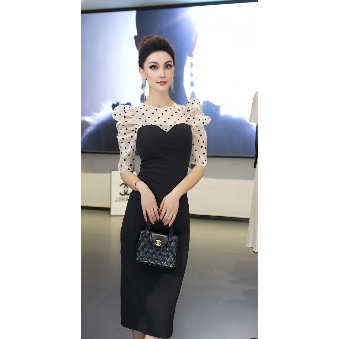 法式拼接泡泡袖今年流行漂亮连衣裙修身显瘦名媛风包臀裙10065