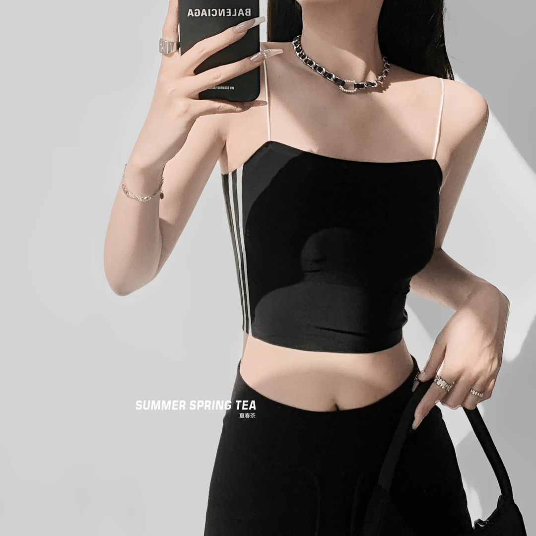 【夏春茶设计】辣妹性感侧条纹吊带背心女修身款带胸垫弹力内搭