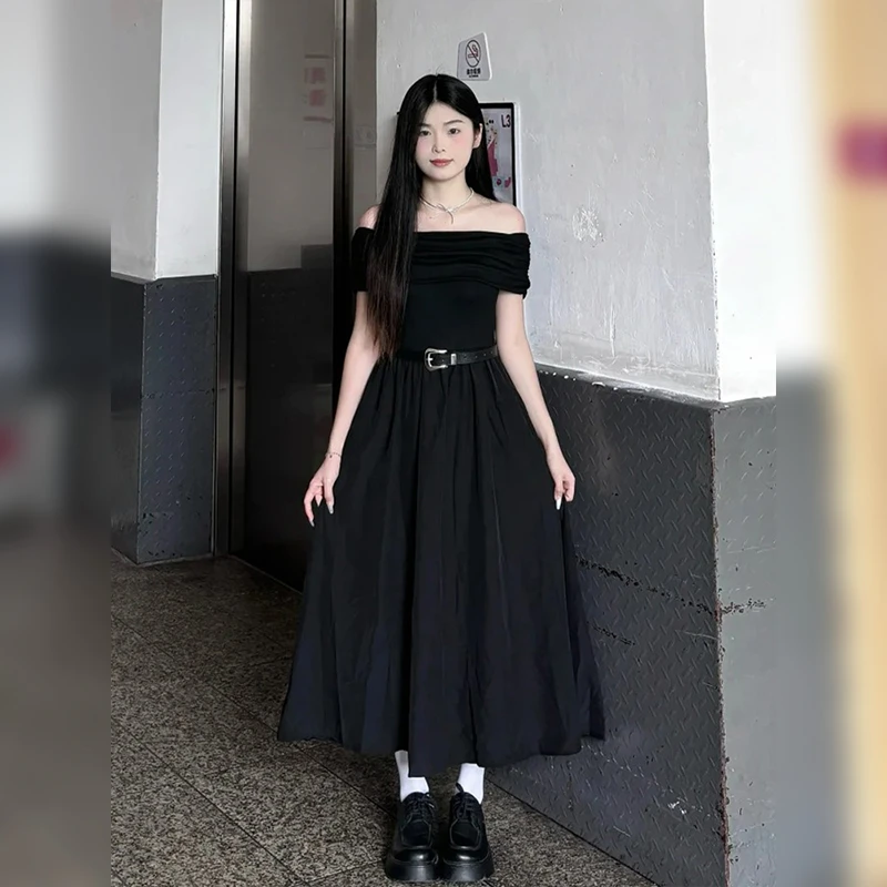 黑色修身法式赫本风连衣裙一字领裙子女夏季爆款2025新款显瘦长裙