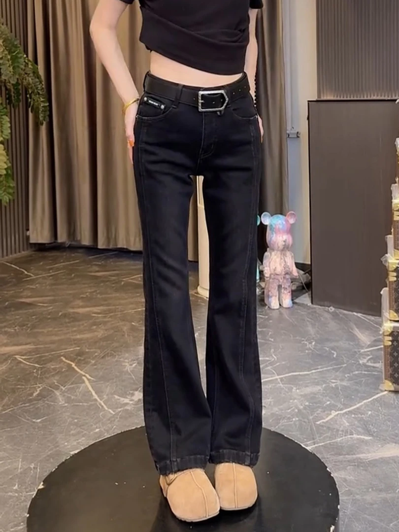 秋冬季加绒加厚复古直筒牛仔裤女高腰显瘦修身长裤黑色百搭微喇裤