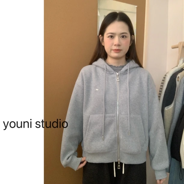 【youni】“小贴标连帽”韩版奥利绒连帽卫衣外套