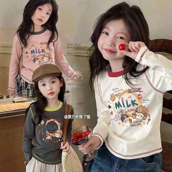 女童卡通长袖T恤2025春秋新款洋气撞色打底衫宝宝粉色卡通打底衫