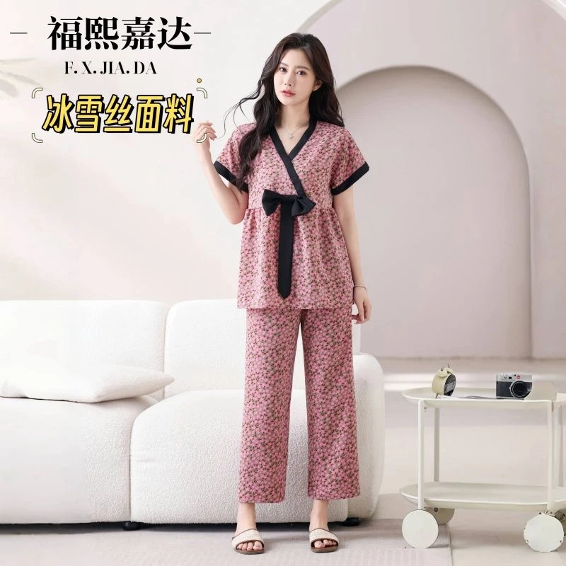 春夏薄款睡衣女网红爆款韩版宽松遮肉显瘦洋气蝴蝶结大码家居服