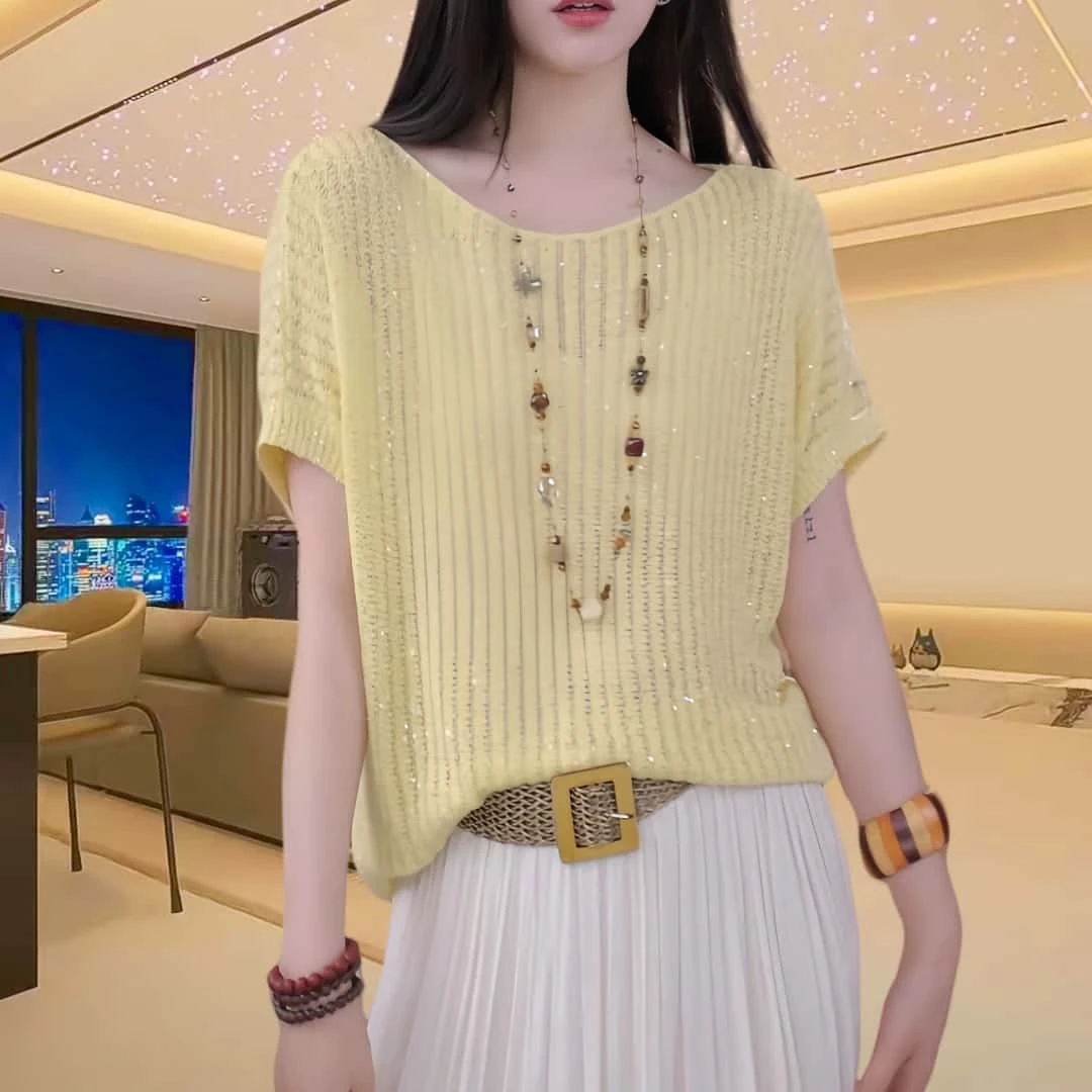 夏季宽松亮片蝙蝠袖针织衫女2025时尚慵懒百搭显瘦透气短袖上衣