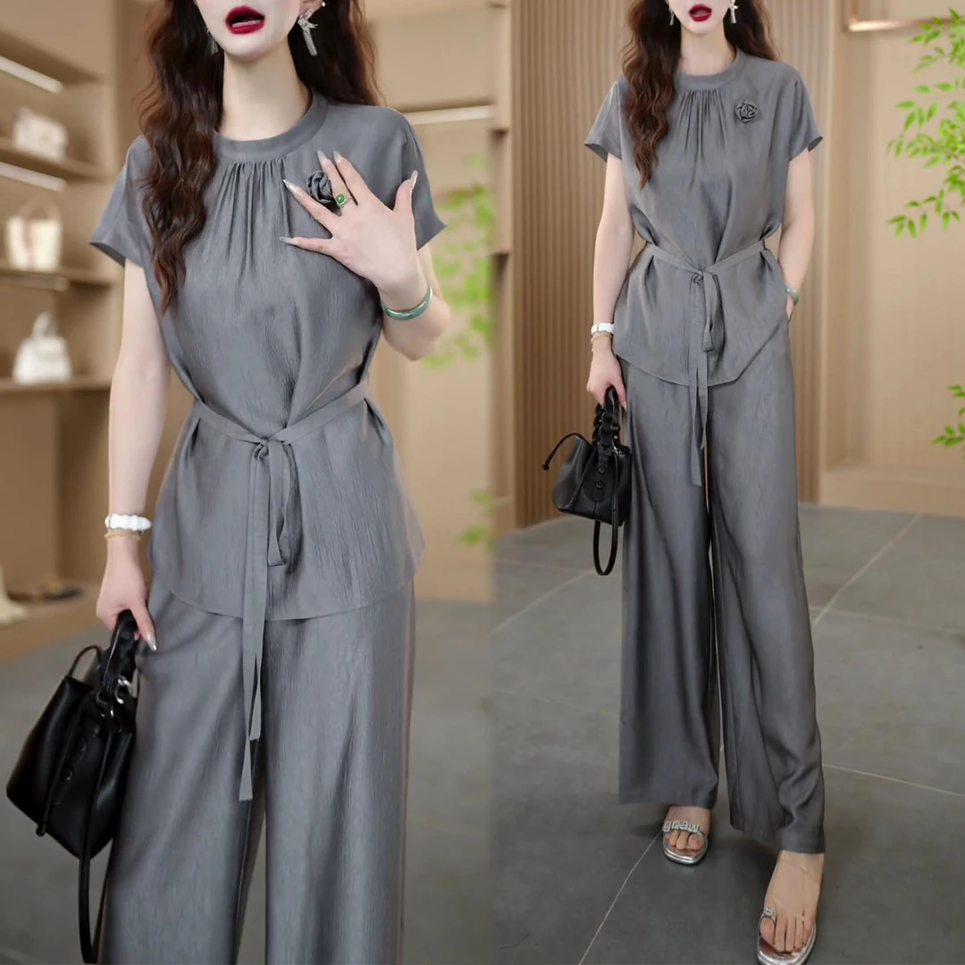 时尚休闲套装女2025夏季新款洋气显瘦绑带短袖上衣阔腿裤两件套