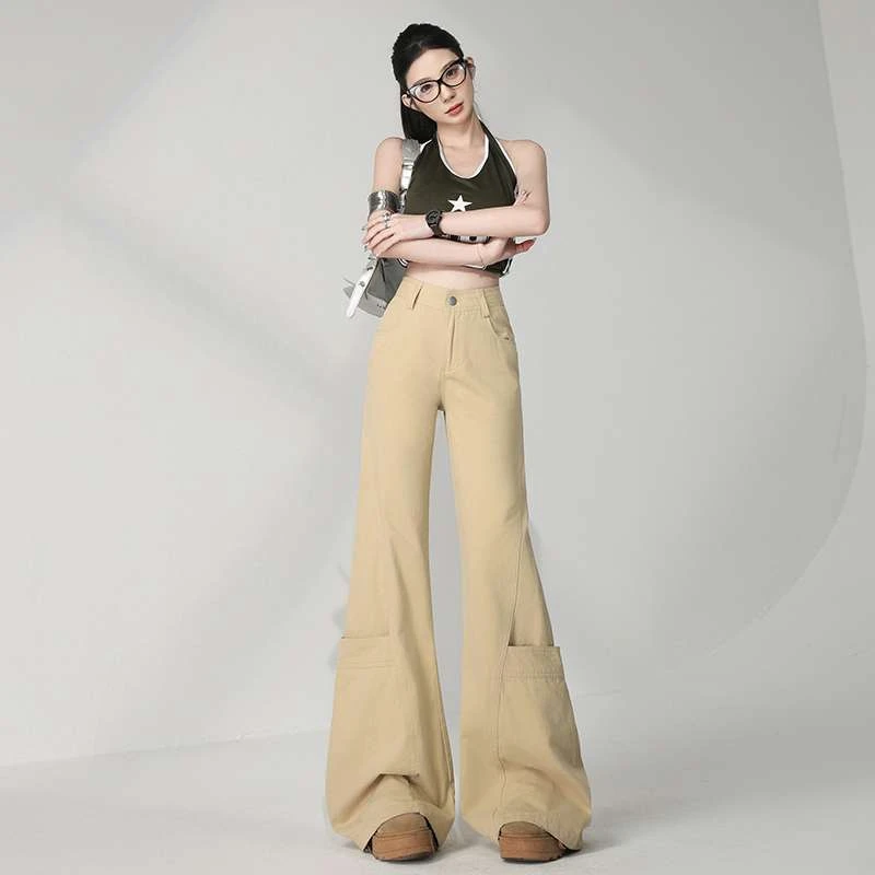 高腰包邮美式复古辣妹喇叭裤宽松显瘦卡其色牛仔工装休闲裤子女