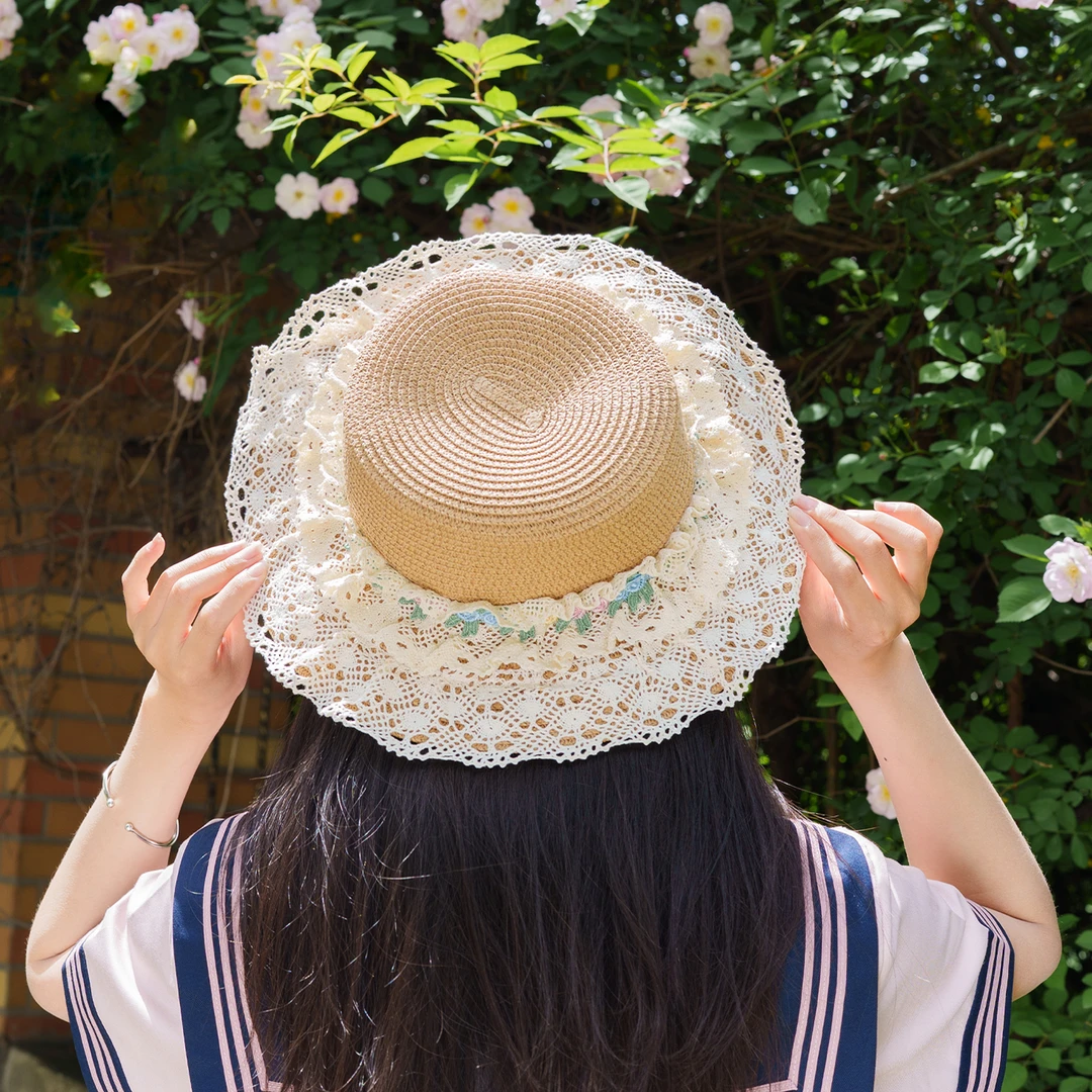 法式洛丽塔草帽女夏季出游海边遮阳防晒帽蕾丝花边平顶帽甜美礼帽