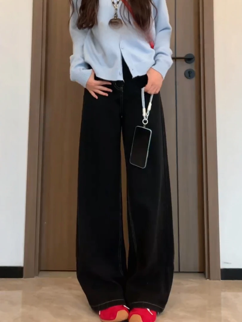 黑色直筒牛仔裤女秋冬加绒加厚大码胖mm高腰宽松显瘦阔腿拖地长裤