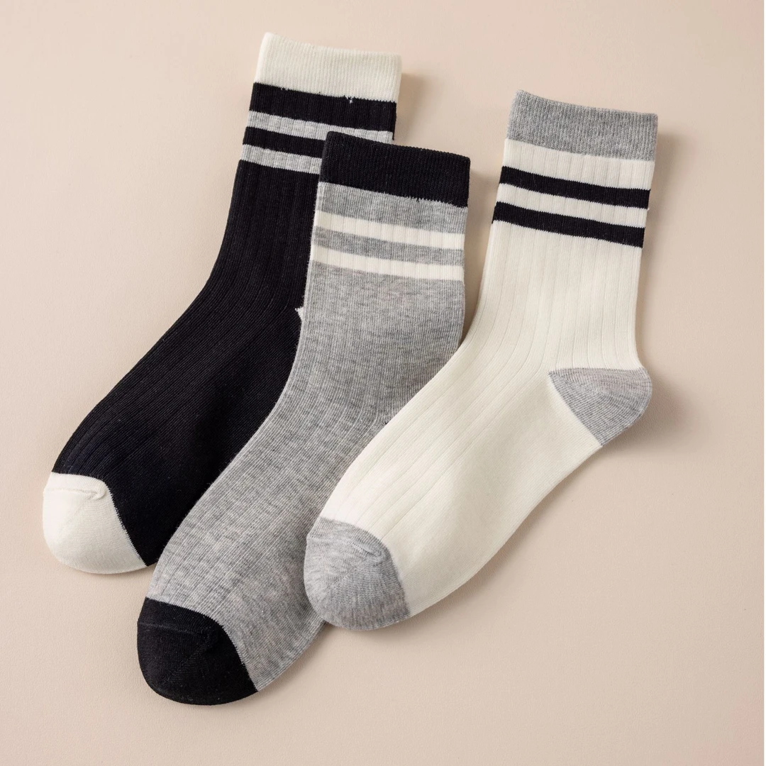 精梳棉抗起球男士防臭条纹冬季中筒袜女士灰色袜子复古港风性感风