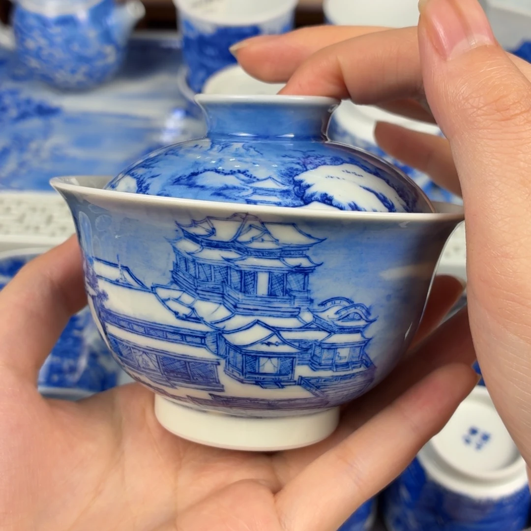 景德镇雪景楼阁给盖碗