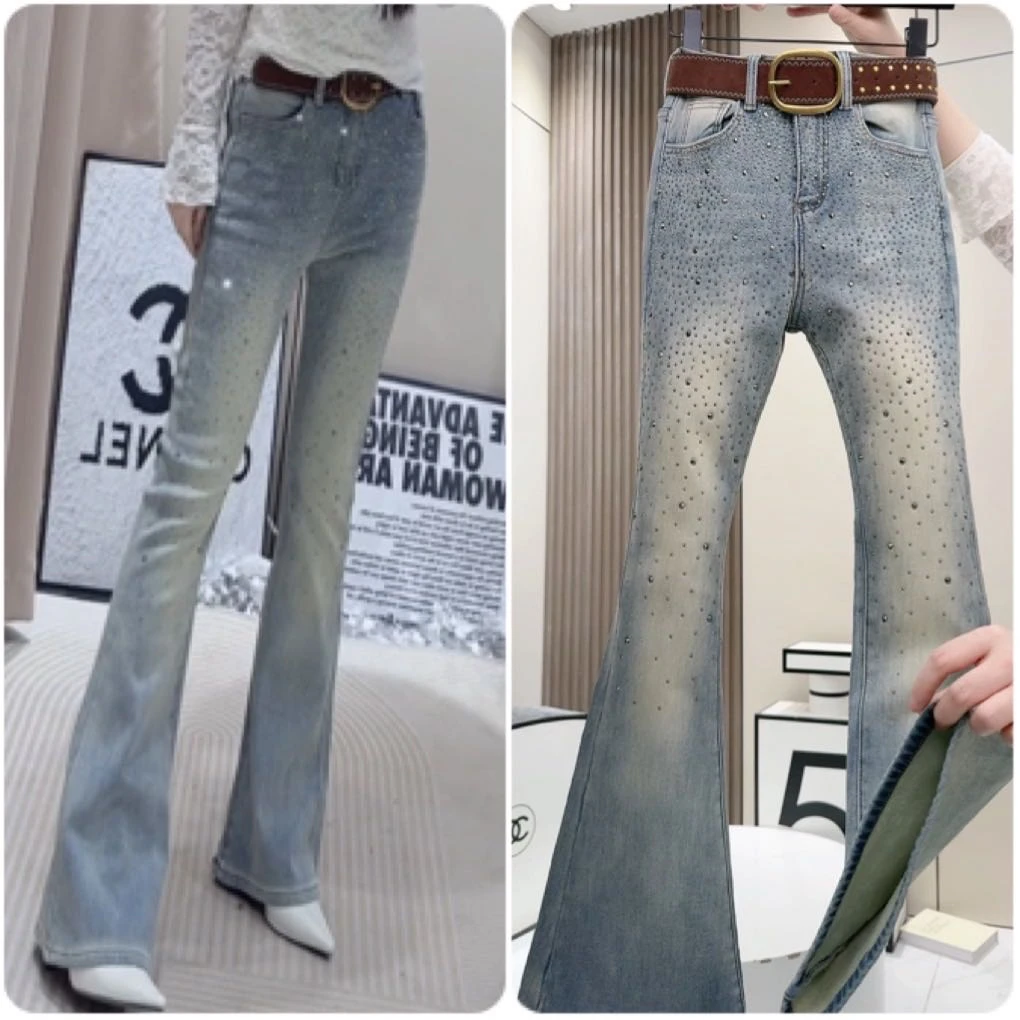 R 加绒67611高腰微喇牛仔裤女秋冬新款修身显瘦百搭马蹄喇叭裤