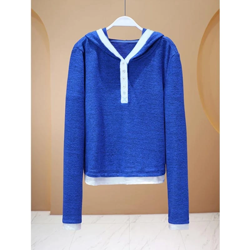 2025春秋季新款印花打底衫女假两件设计休闲简约个性百搭连帽卫衣