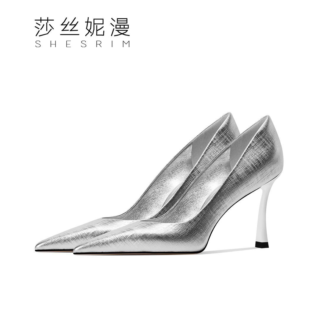 212-2025新款金属风浅口高跟鞋性感尖头细高跟女士细跟跟鞋银色