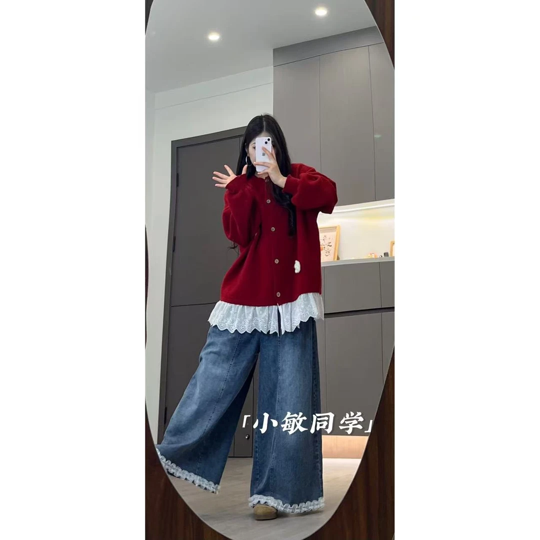 日系慵懒风红色显白山茶花针织上衣少女风搭配3468 3581