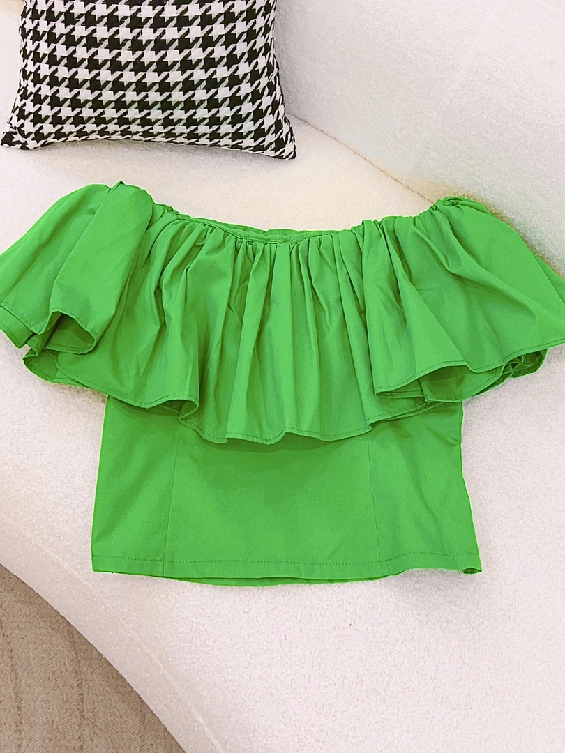 琳心丨夏季新款时尚法式绿色荷叶边娃娃领露肩短款衬衣 6118