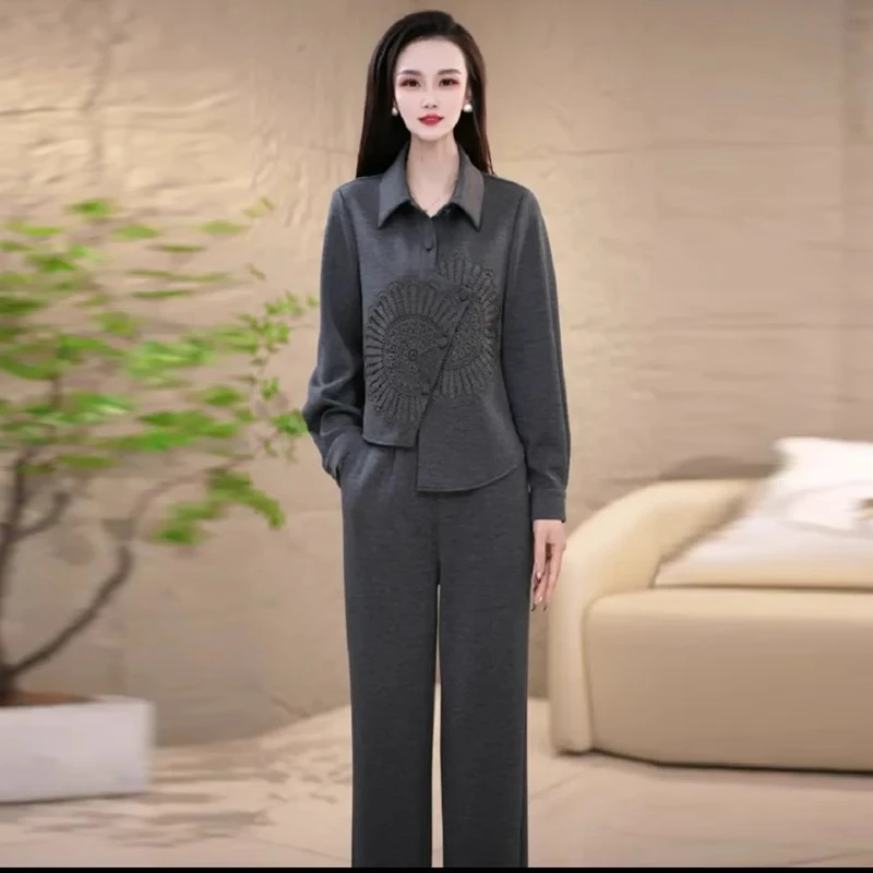 时尚套装女2025春秋新款洋气显瘦不规则气质上衣高腰阔腿裤两件套