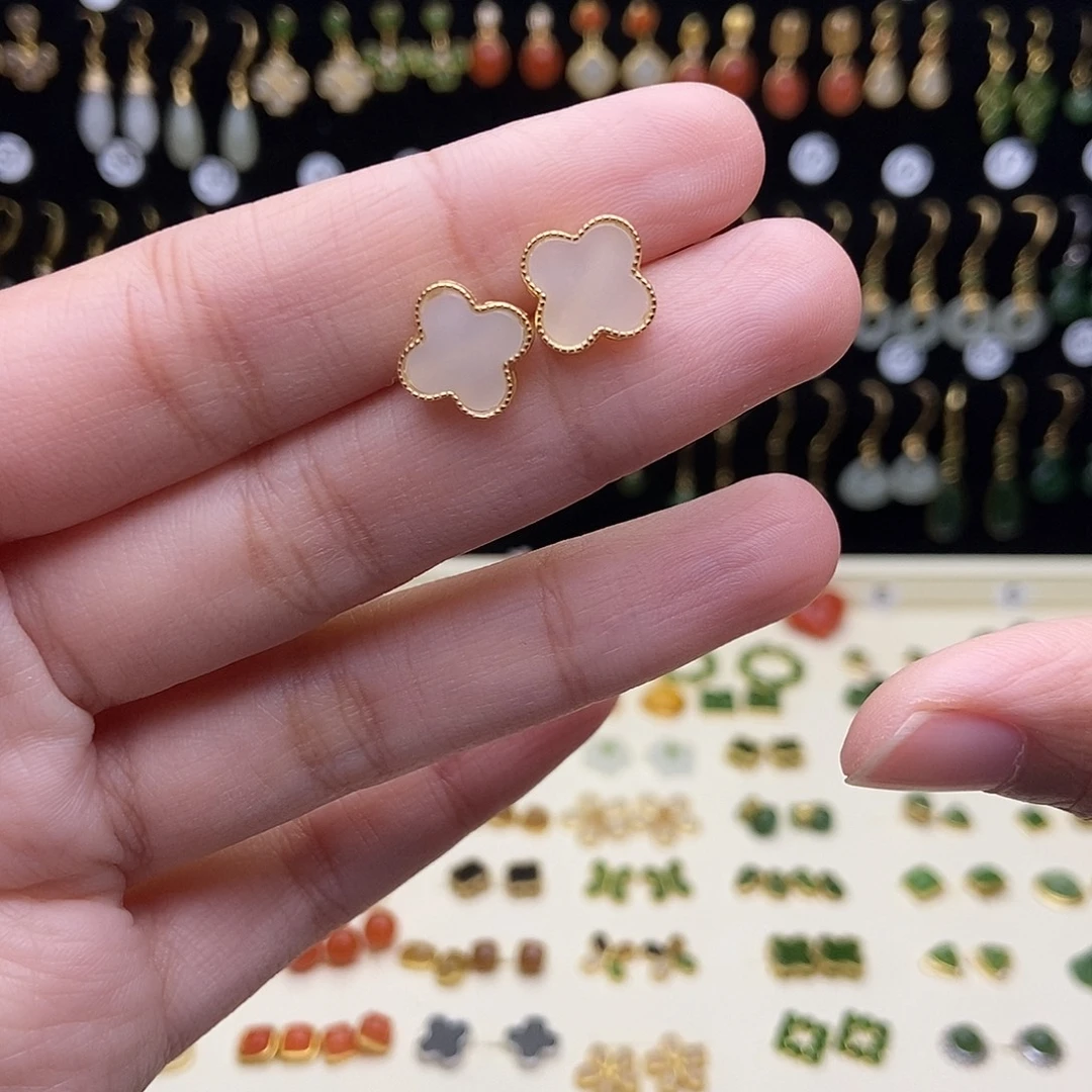 和田玉银S925镀金镶嵌耳饰