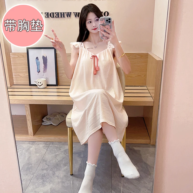 纯色简约韩版少女ins风带胸垫吊带背心睡裙女大码宽松胖妹妹可穿
