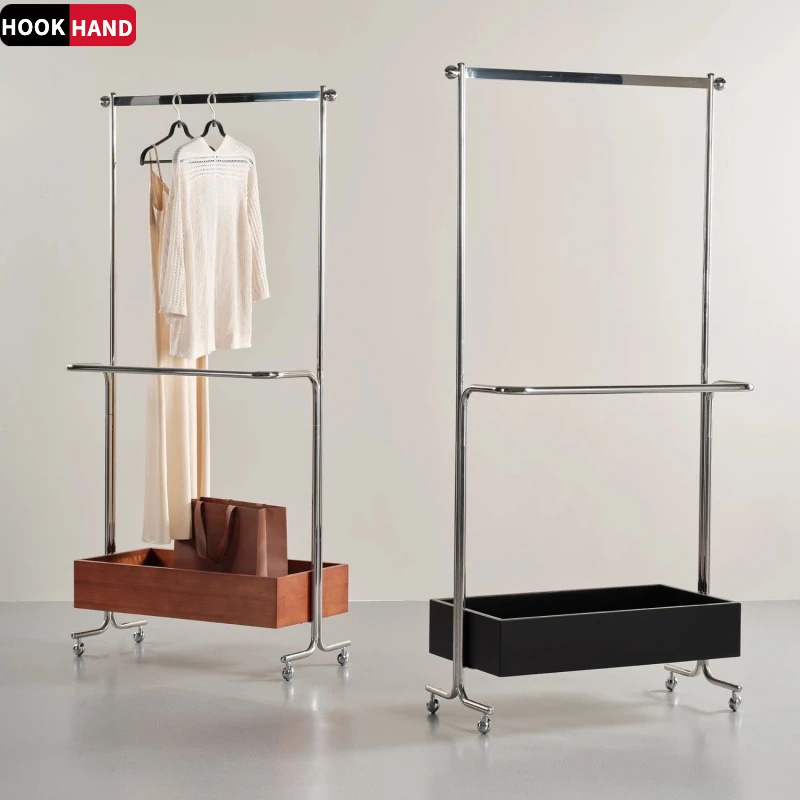 复古轻奢中古风不锈钢移动衣帽架落地式卧室家用服装店收纳置物架