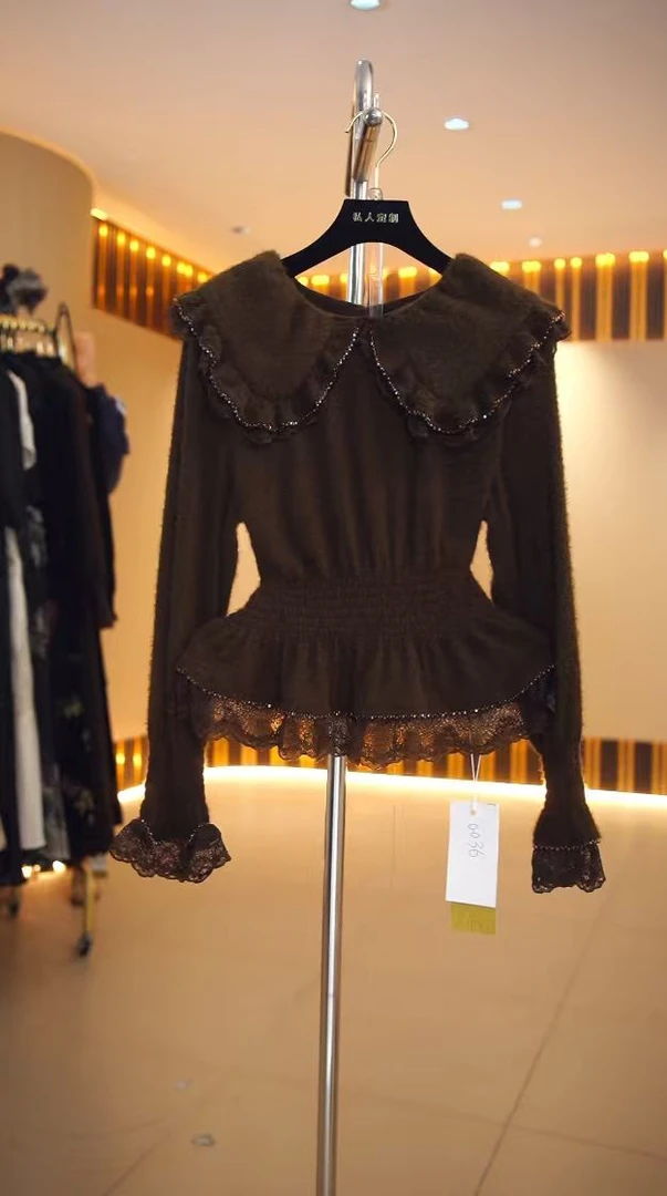 【糖宝专属】气质长袖百搭冬季娃娃领设计师拼接蕾丝衬衫6036-3