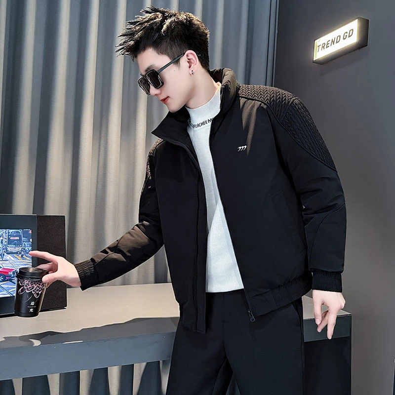 设计感编织纹拼接棉衣外套男士冬季立领短款潮牌痞帅百搭棉服男装