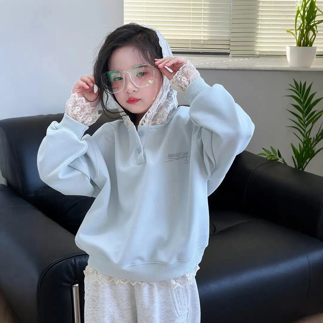 女童卫衣2025春季新款中大儿童韩版蕾丝拼接上衣甜美洋气长袖秋装