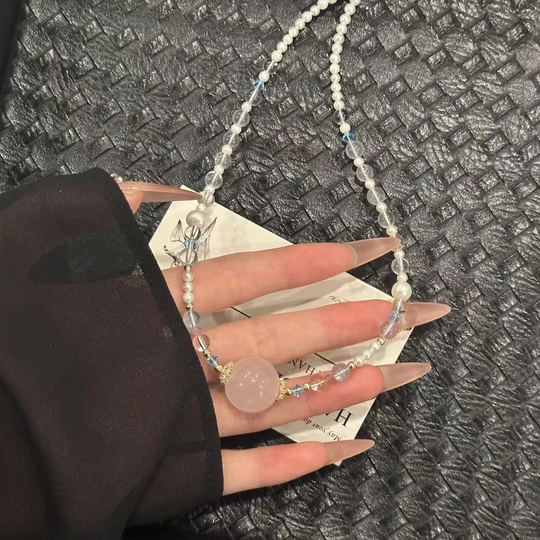 S717 4mm天然淡水珍珠17mm粉晶项链 均有瑕 颜色微差 多样性发一