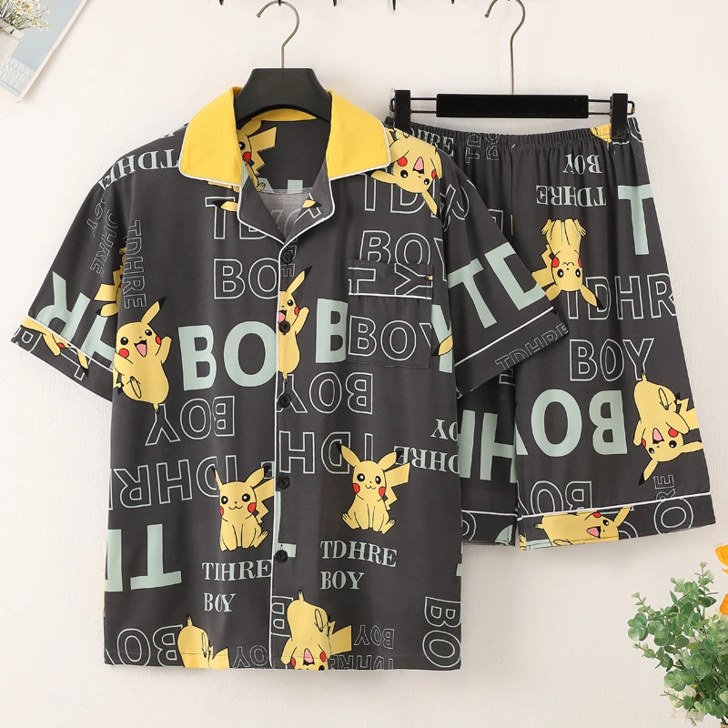 睡衣男夏季薄款青少年短袖透气卡通开衫可外穿男士家居服夏天套装