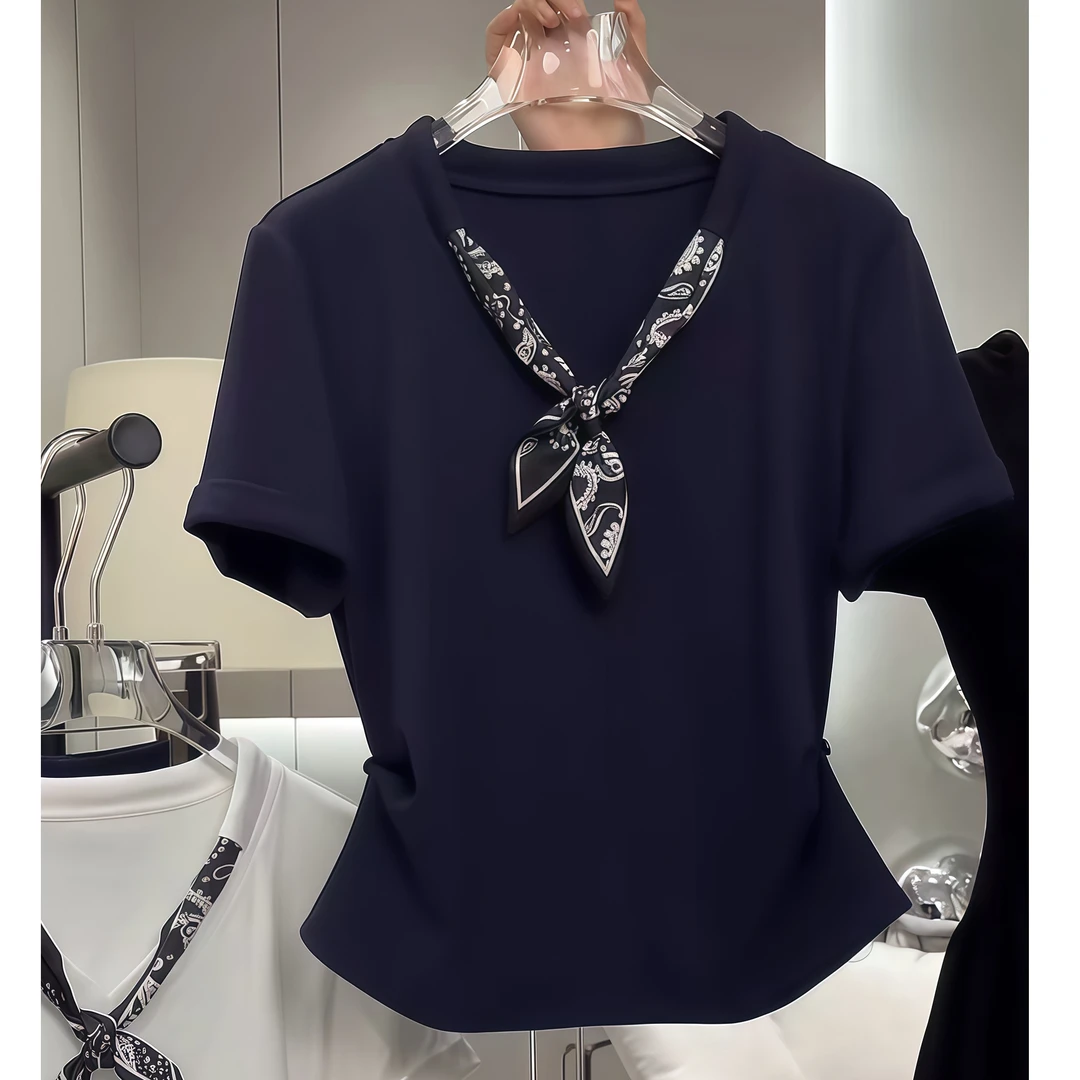 2025新款韩版设计感丝巾V领短袖女洋气减龄气质气质时尚上衣ins潮