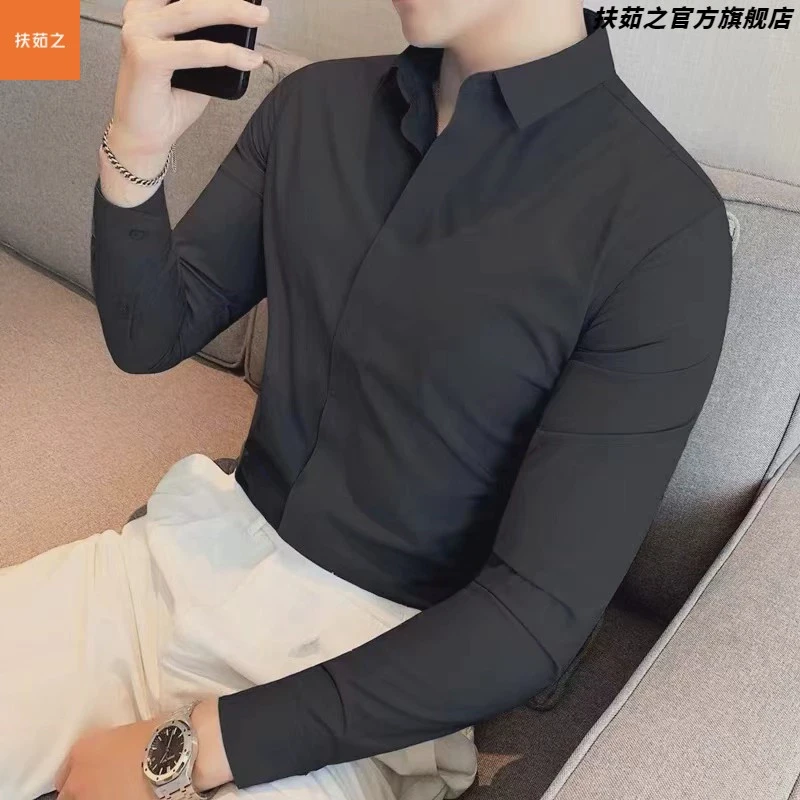 【精品】黑色长袖衬衫男高级感轻熟风垂感坠感休闲宽松纯色免烫衬衣