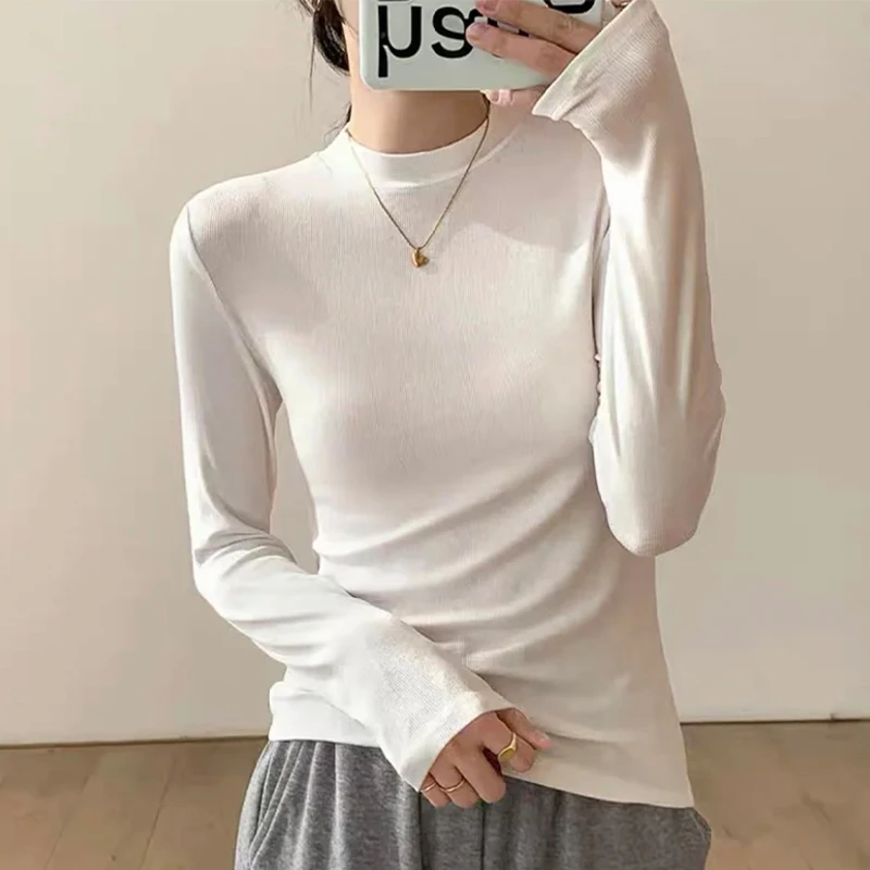 特大码极简小立领打底衫女秋冬季加厚双面慕斯绒显瘦修身洋气内搭