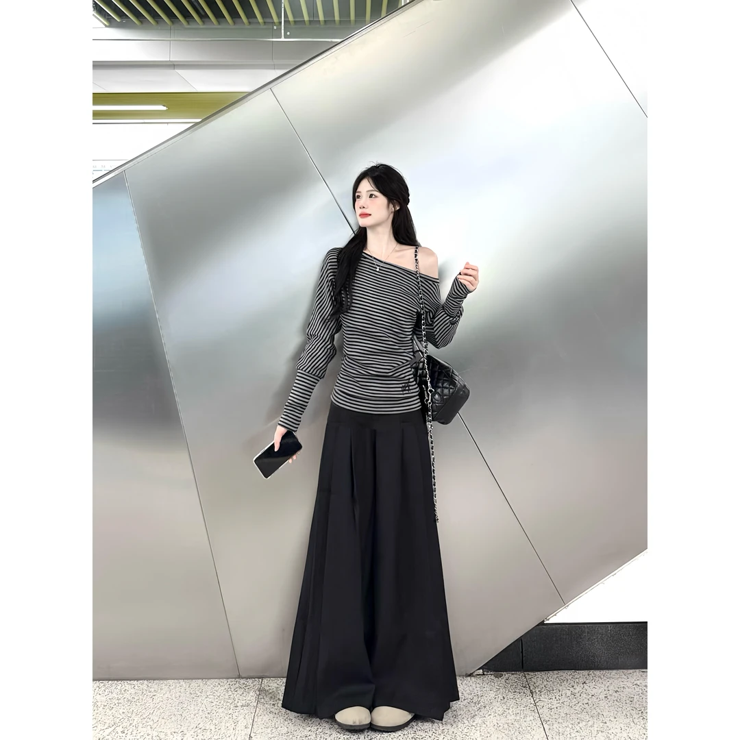 一字肩斜肩条纹T恤设计感秋季新款堆褶修身百搭长袖上衣裤子套装