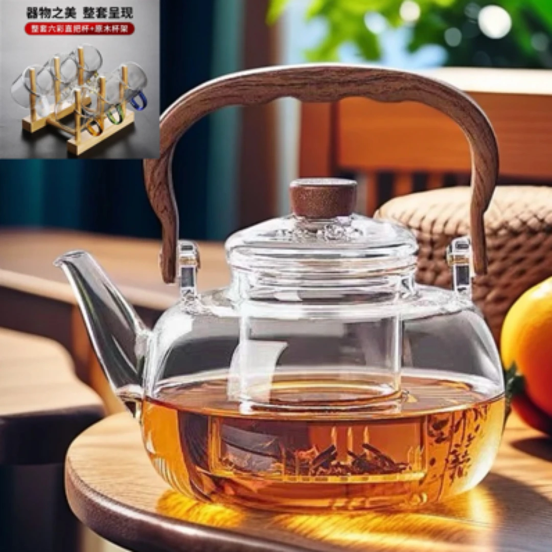 （树脂五指壶➕六色品杯➕杯架）高硼硅玻璃透明款大容量煮茶壶泡茶壶