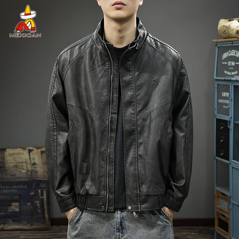 Mexican/稻草人春秋痞帅PU皮夹克男宽松美式上衣飞行员皮衣外套潮