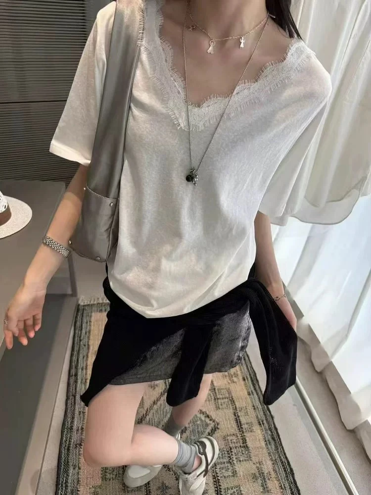 纯色拼接显瘦洋气T恤通勤V领短袖常规蕾丝圆领韩版