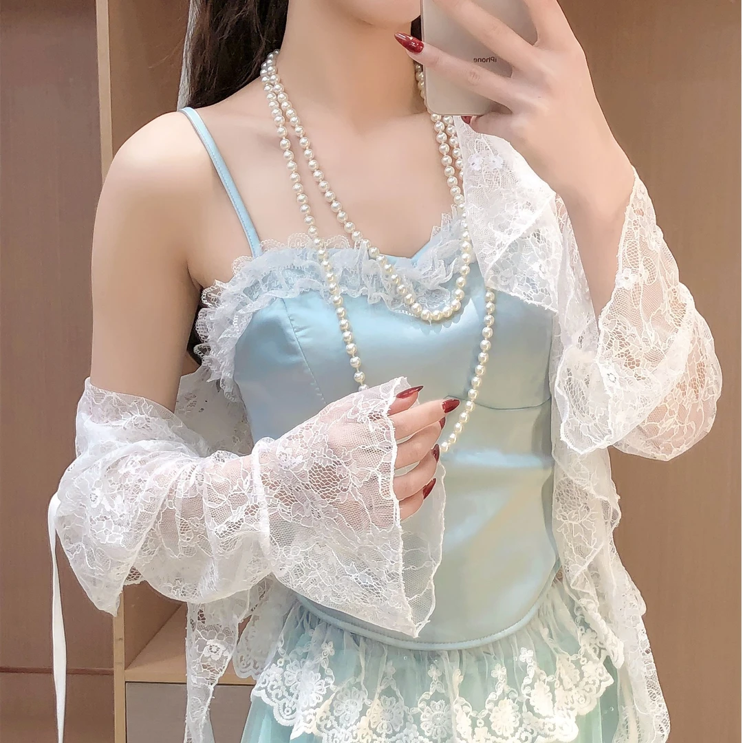 艾日秀春夏千金欧若风蕾丝修身吊带上衣+细闪半身裙两件套女F0001