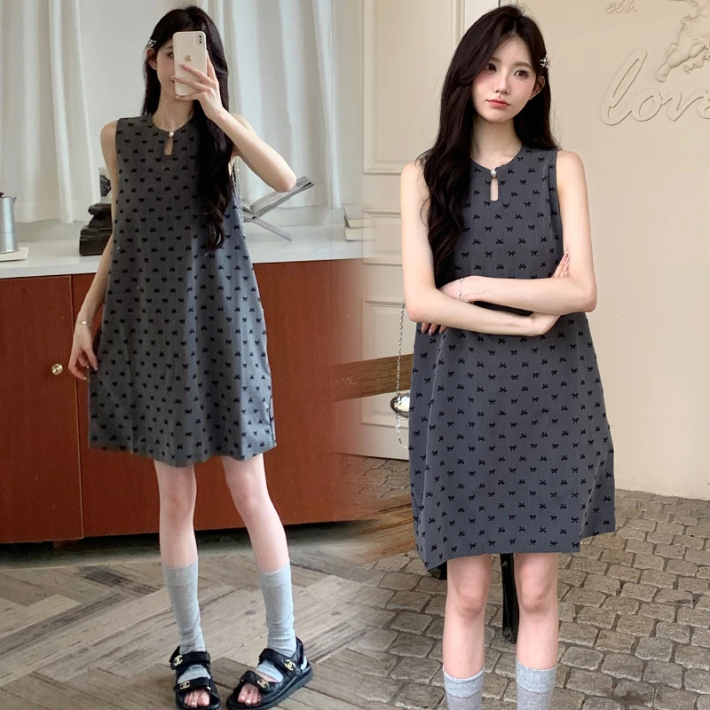 懒洋洋~2025夏装新品韩版时尚宽松印花简约背心无袖中长连衣裙