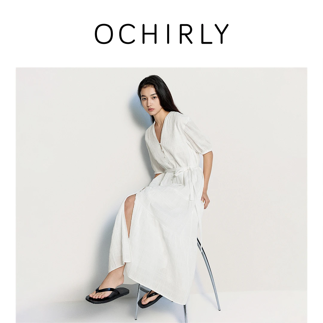 【商场同款】OCHIRLY欧时力缩褶V领连衣裙长裙配腰带25夏新款流光风