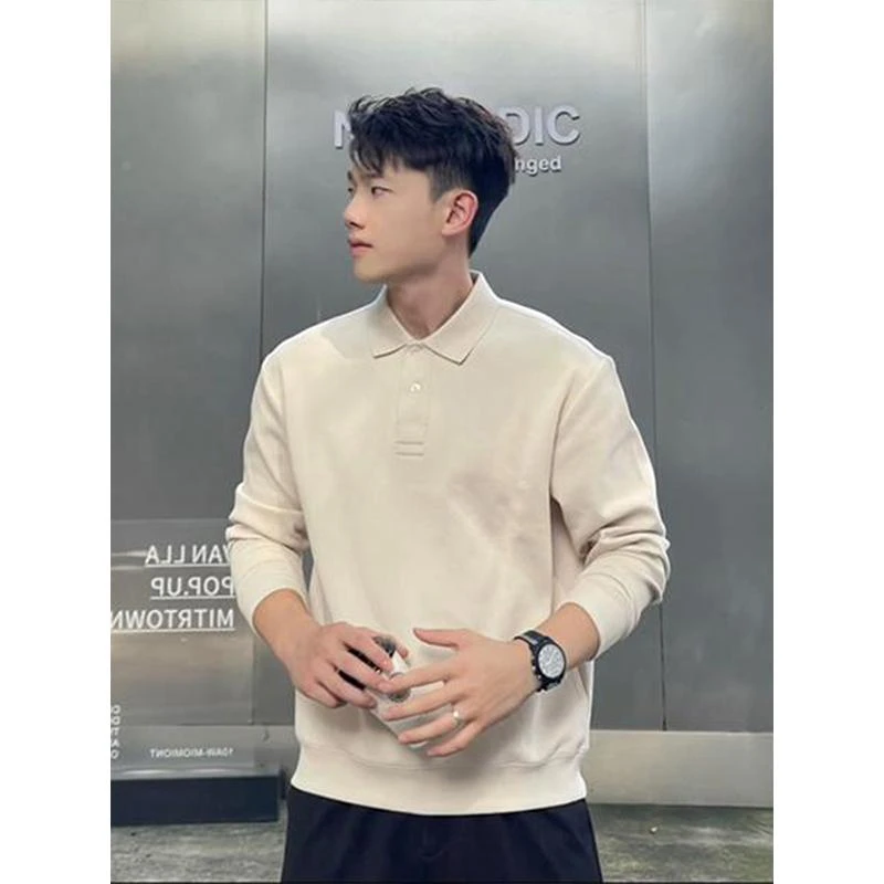 轻熟男士修身翻领长袖Polo衫春秋款潮牌宽松高级感内搭打底衫卫衣