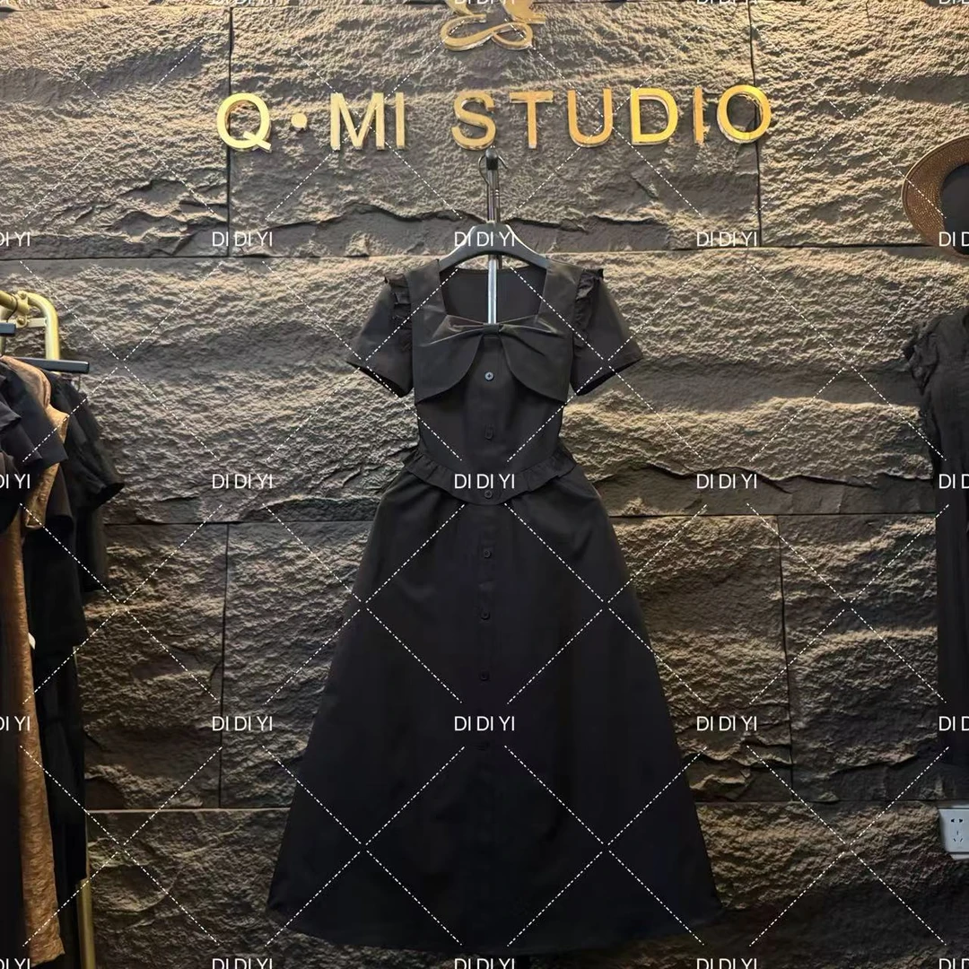 2025原创大码高定设计款方领排扣收腰长裙高级休闲显瘦25135