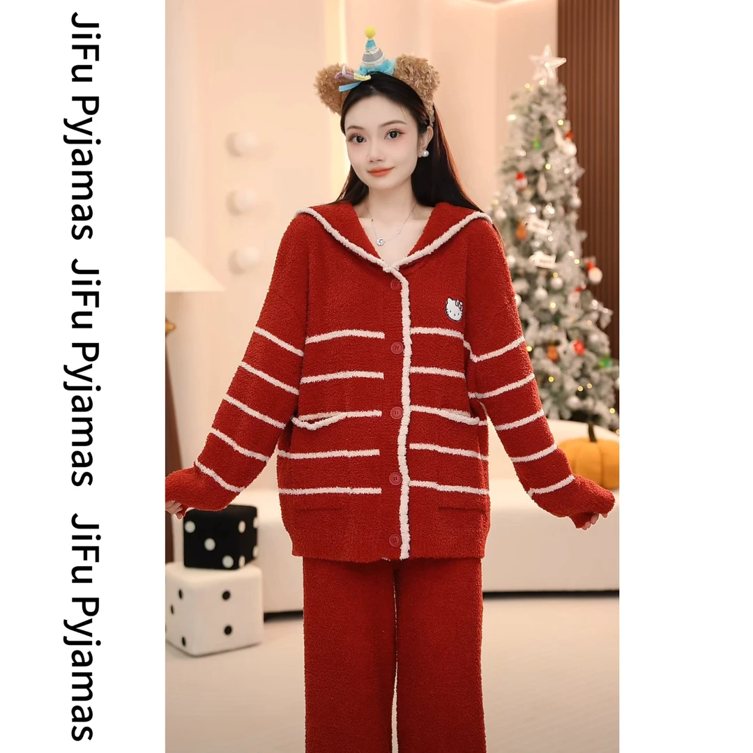 【红色Kitty】冬季加厚保暖半边绒软绵绵家居服加绒睡衣女套装